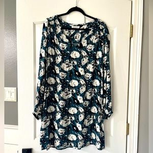 Floral Dark Green and White Long Sleeve Dress
